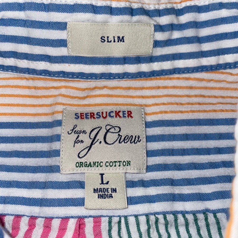 J. Crew Mens Slim Fit Seersucker Organic Cotton Striped Button Down Shirt Large - Picture 3 of 7